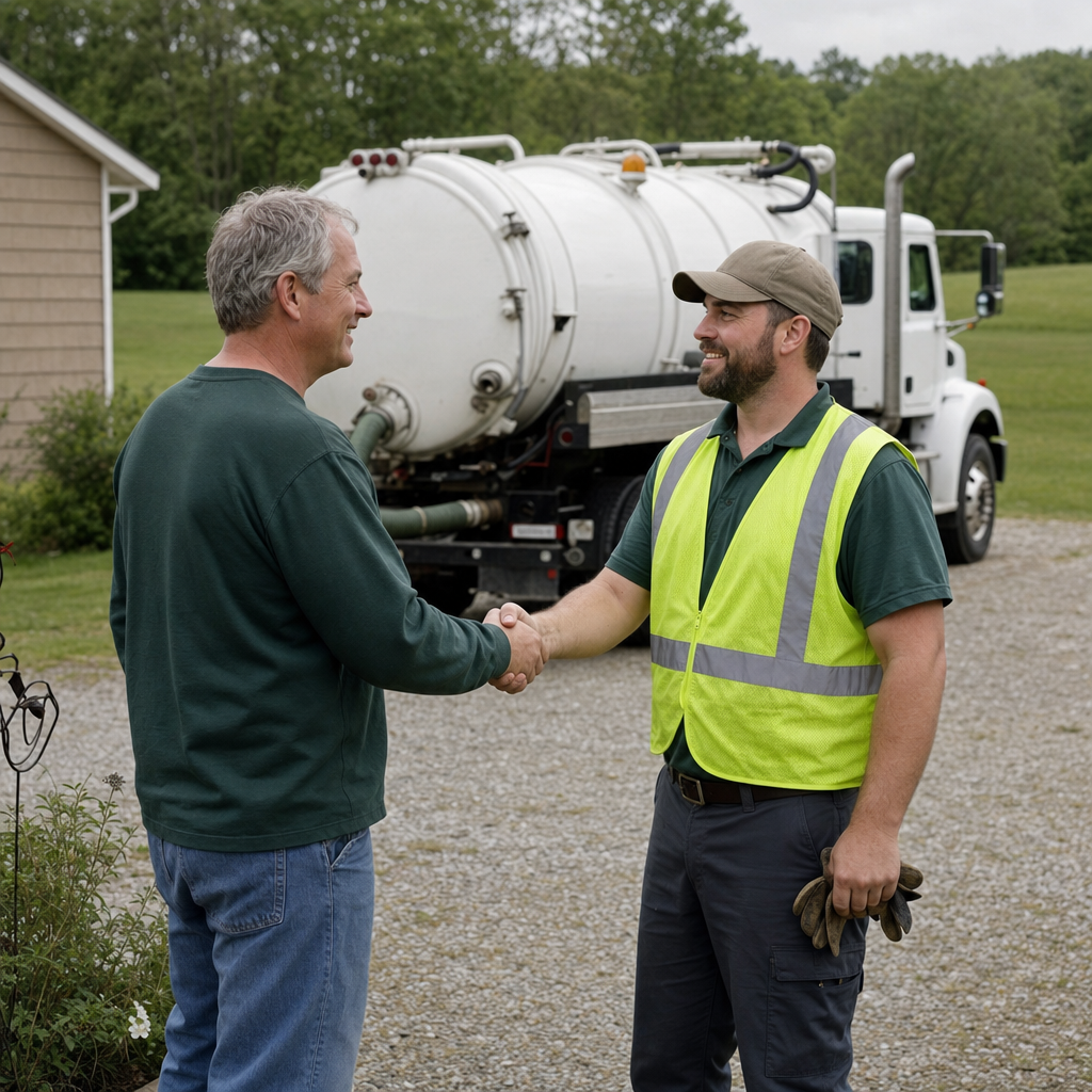 A septic technician shaking a Phoenix homeowner's hand beside the service truck after a completed pump-out