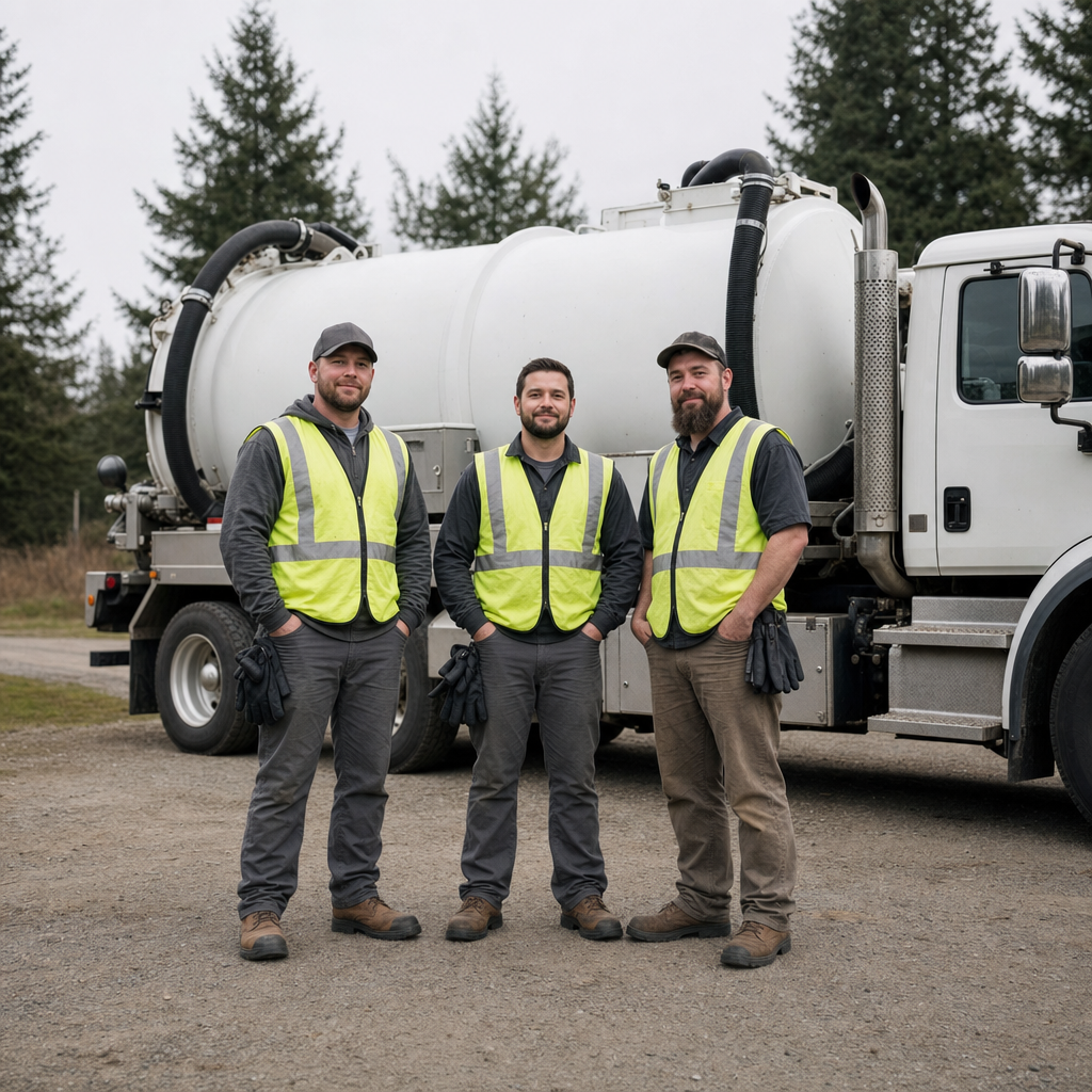 The Phoenix septic pumping crew standing together beside their clean white vacuum truck on a residential street