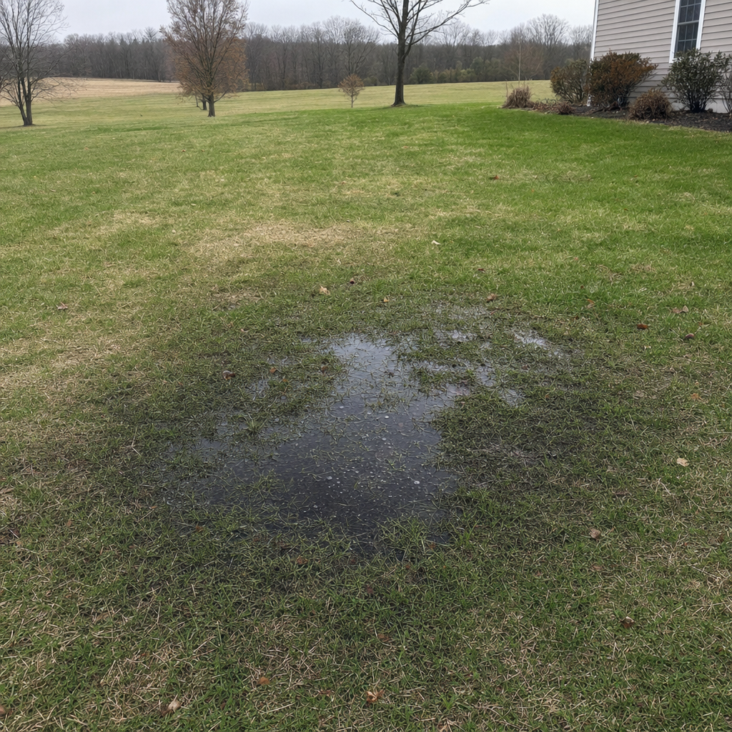 A dark, saturated wet spot in a Phoenix backyard lawn marking a failing cesspool at capacity