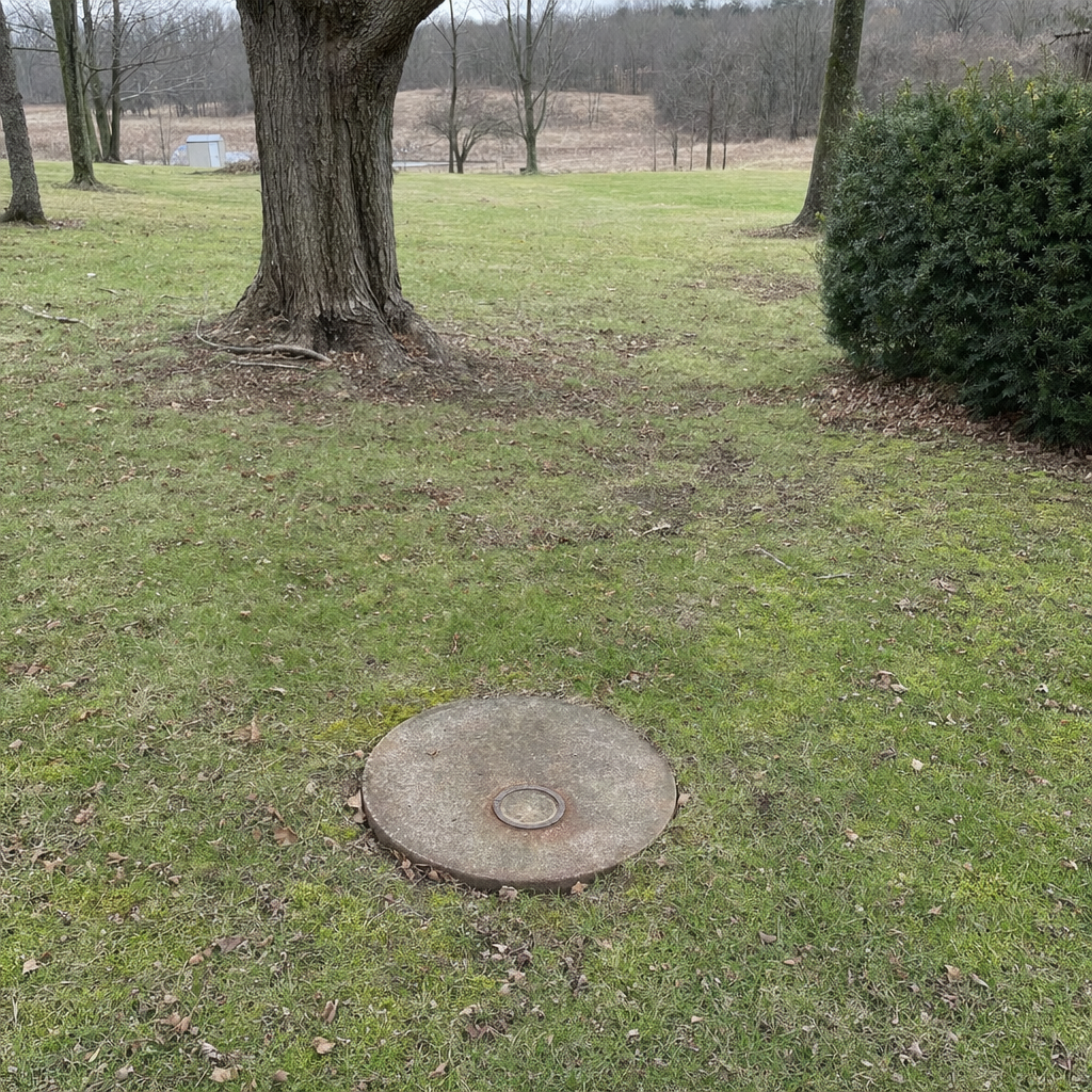 An older round cesspool access lid set flush in an established, mature Phoenix backyard lawn