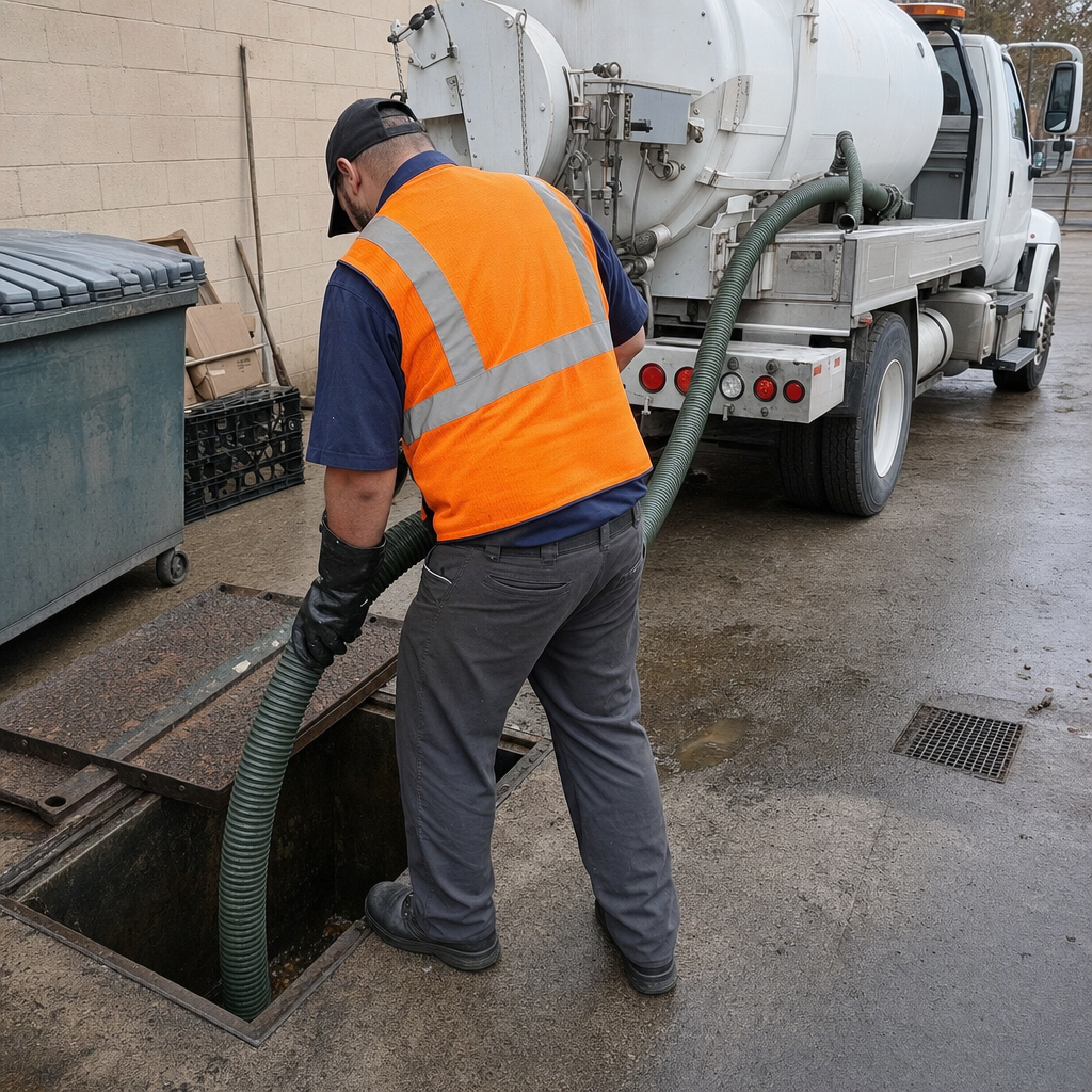 Technician pumping a grease trap behind a Phoenix restaurant