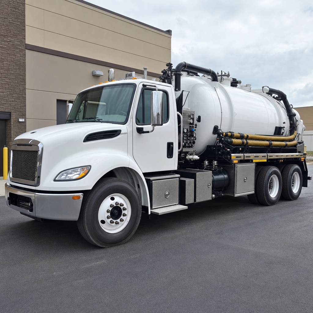 Commercial septic vacuum truck parked in a Phoenix business parking lot