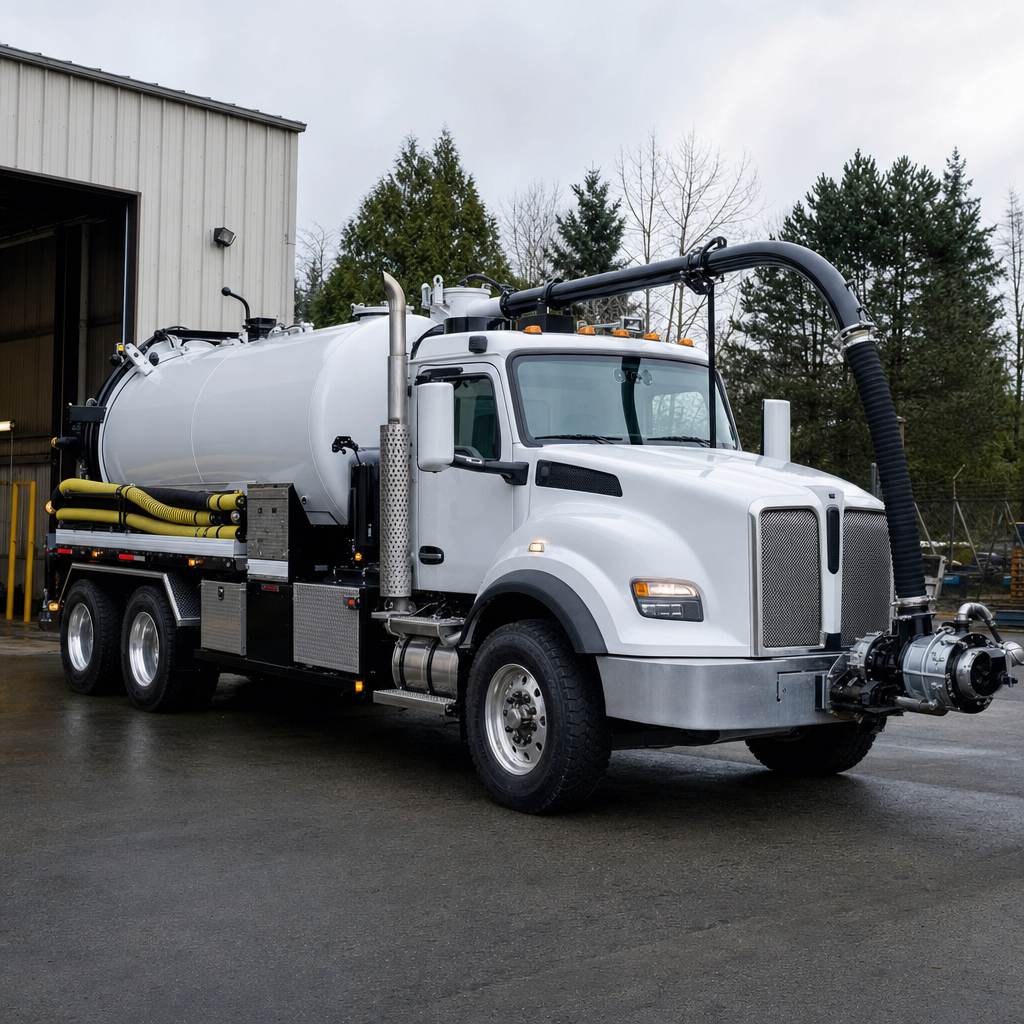 A clean white septic vacuum truck rolling out of a tidy Phoenix service depot at the start of the day