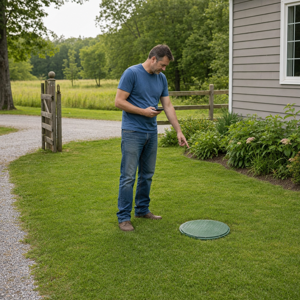 A Phoenix-area homeowner standing in the backyard noting where the septic tank lid and access route are located