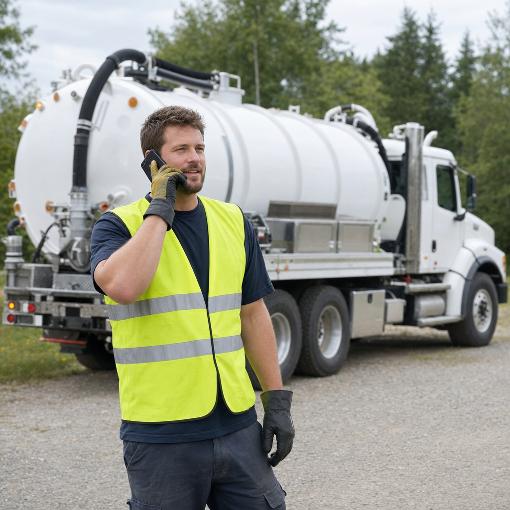 A friendly septic dispatcher holding a phone, ready to answer a Phoenix homeowner's call about a pump-out
