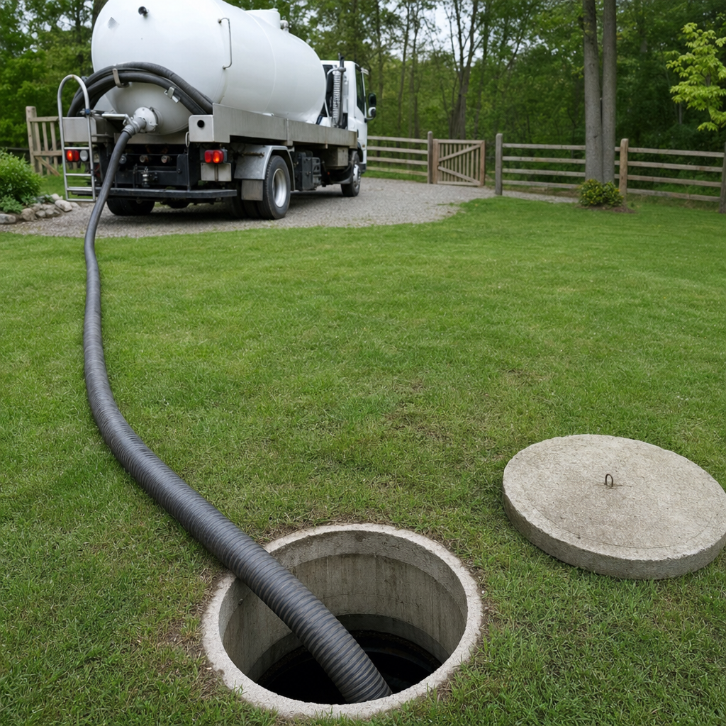 Suction hose connected to an open septic tank, drawing it down in a tidy Phoenix yard