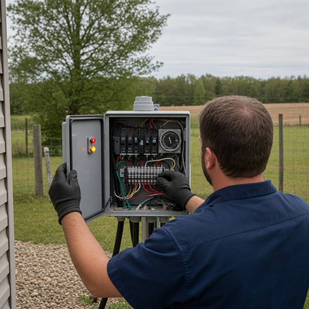 Technician checking an aerobic septic control box with a lit red high-water alarm during a same-day Phoenix visit