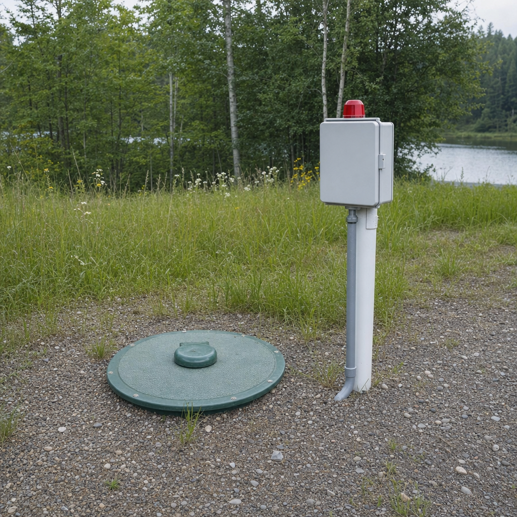 A wastewater holding tank access lid set in the ground at a rural Phoenix-area cabin, with a mounted high-level float alarm panel nearby