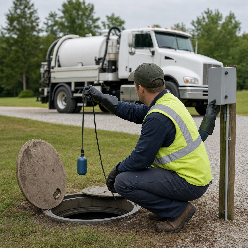 A septic technician in a high-visibility vest checking a high-level float switch and alarm panel on a holding tank at a rural Phoenix-area site