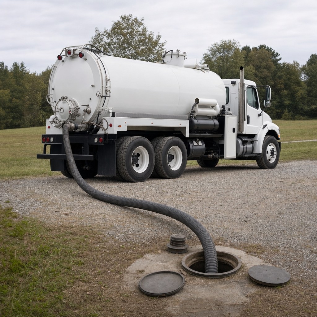 An unmarked white vacuum truck emptying a wastewater holding tank on a scheduled visit at a rural Phoenix-area property, thick suction hose running to the tank lid