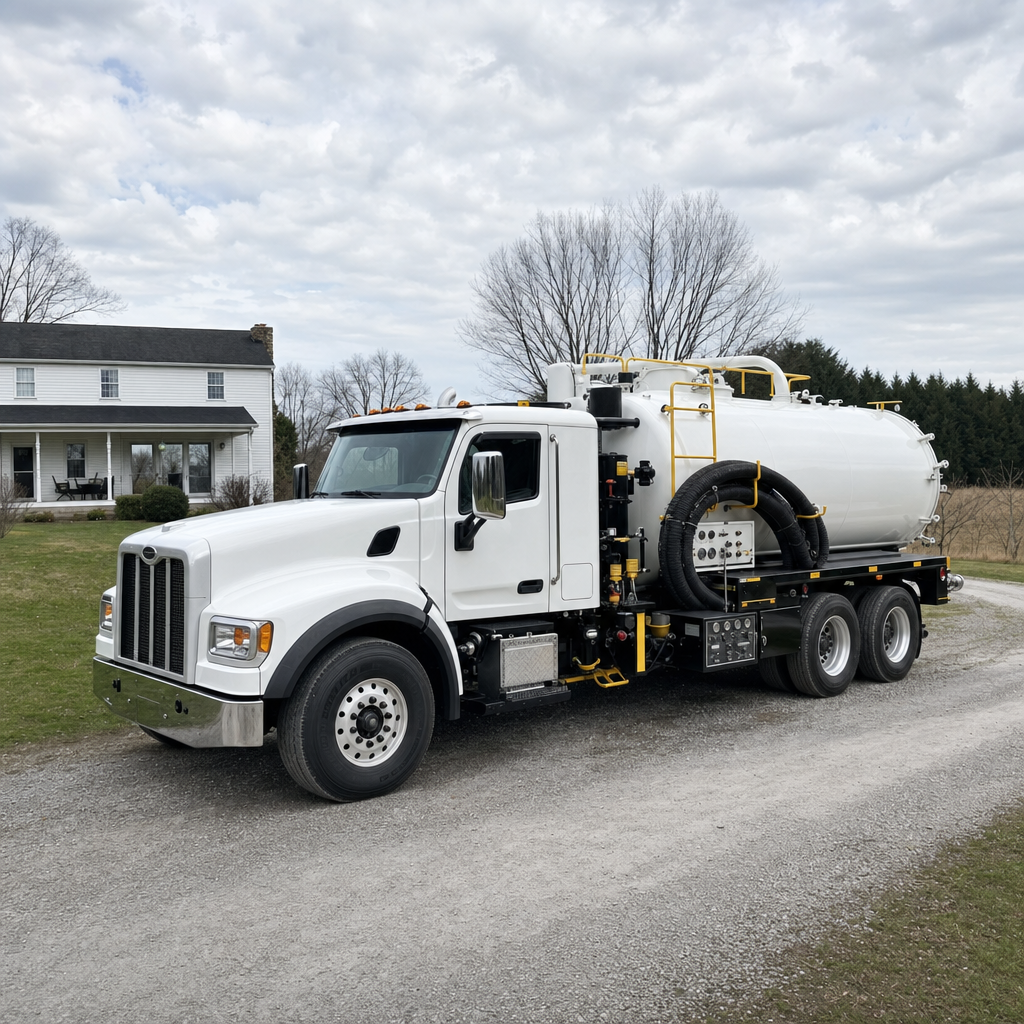 A clean white septic vacuum truck parked on a tidy Phoenix driveway with the suction hose neatly coiled
