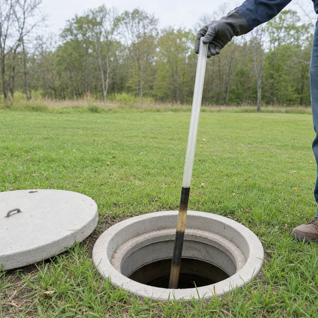 A septic sludge-judge measuring stick lowered into an open Phoenix septic tank to read the depth of the sludge and scum layers before deciding whether a pump-out is due