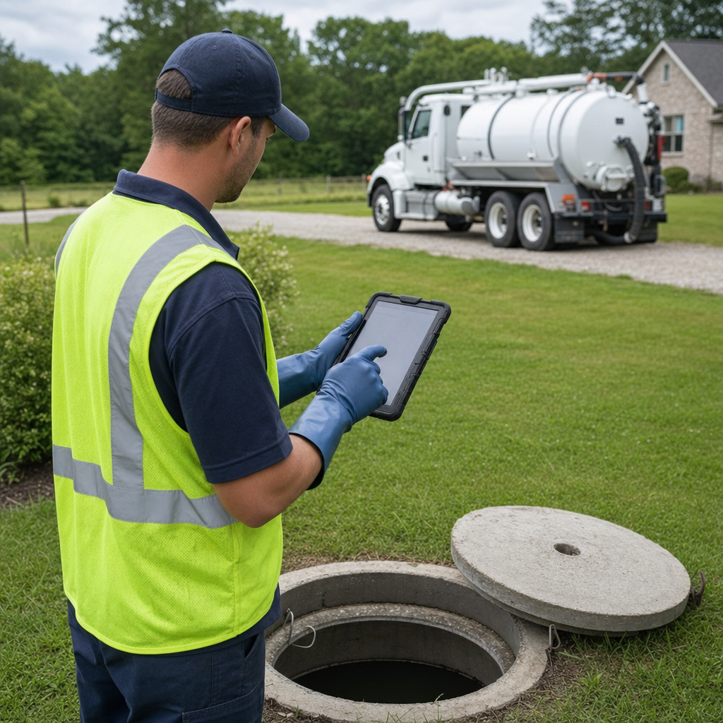 A septic technician recording a Phoenix home's pump-out date and tank condition on a tablet beside an open access lid, tracking the service history that sets the next due date