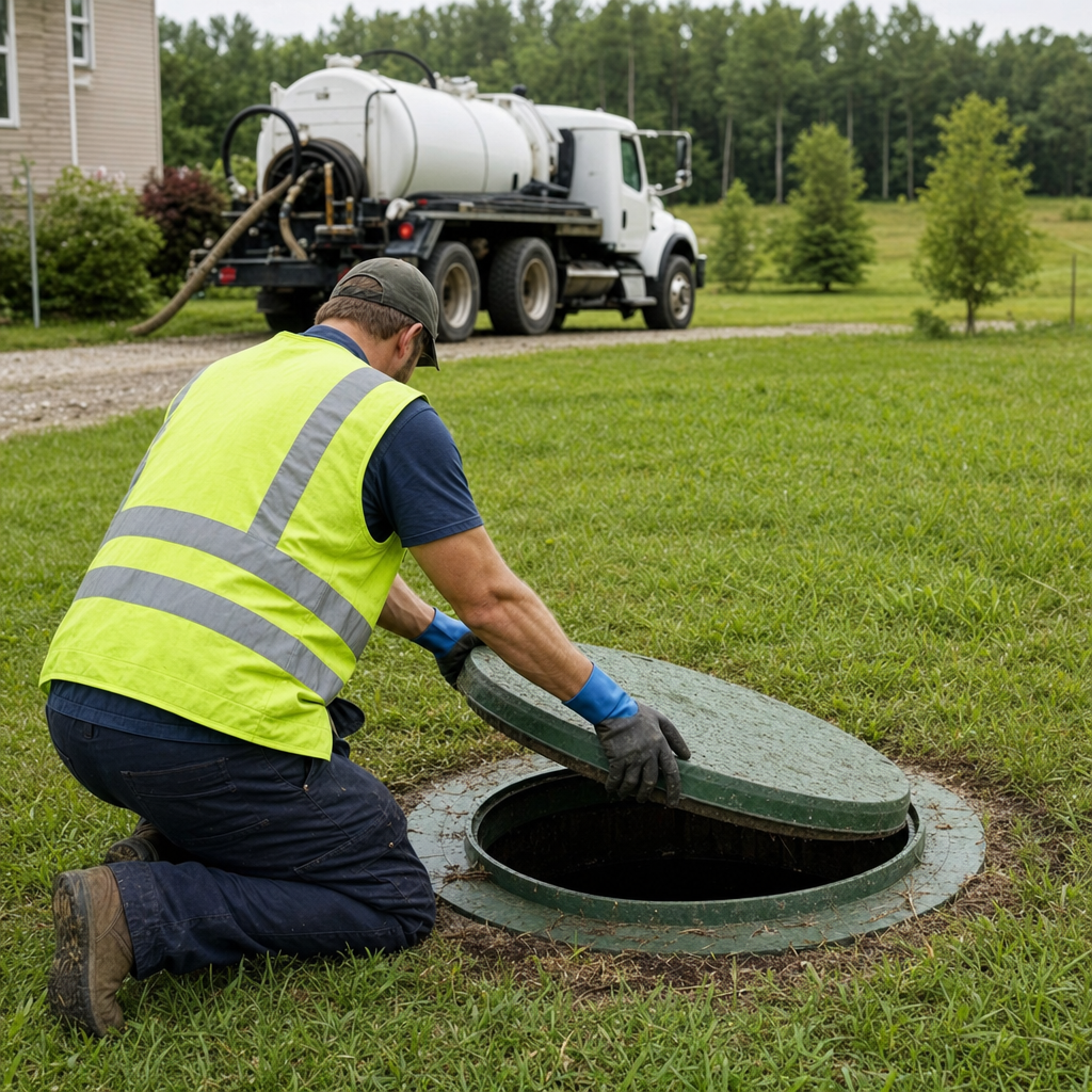Septic technician kneeling on a Phoenix lawn, lifting the access lid on a residential septic tank