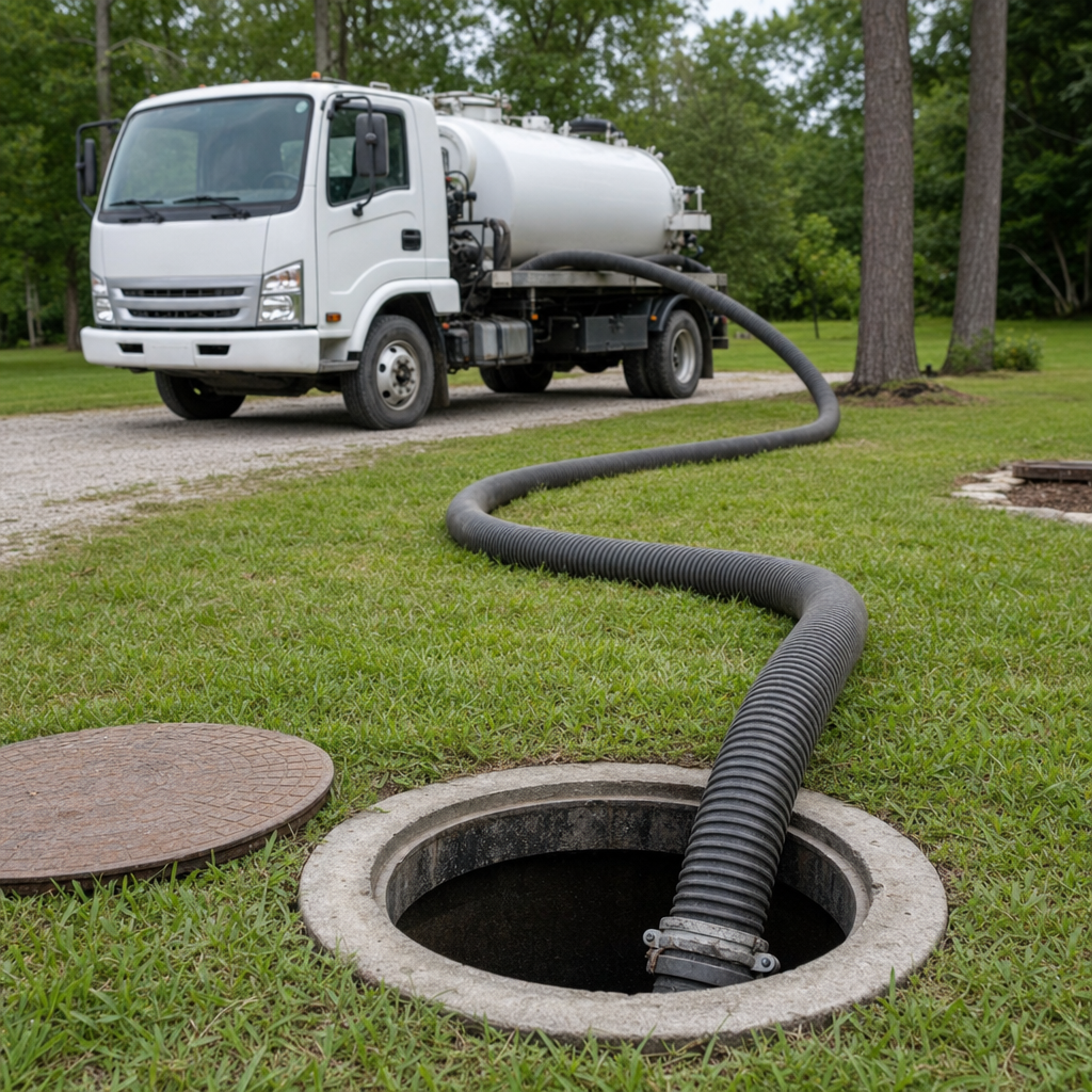 Thick ribbed suction hose lowered into a clean open septic tank port on a tidy Phoenix backyard lawn