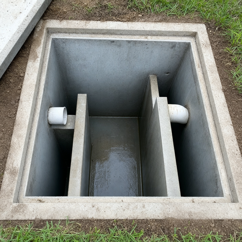 Inspection of the concrete baffles inside an open, emptied and freshly cleaned Phoenix septic tank