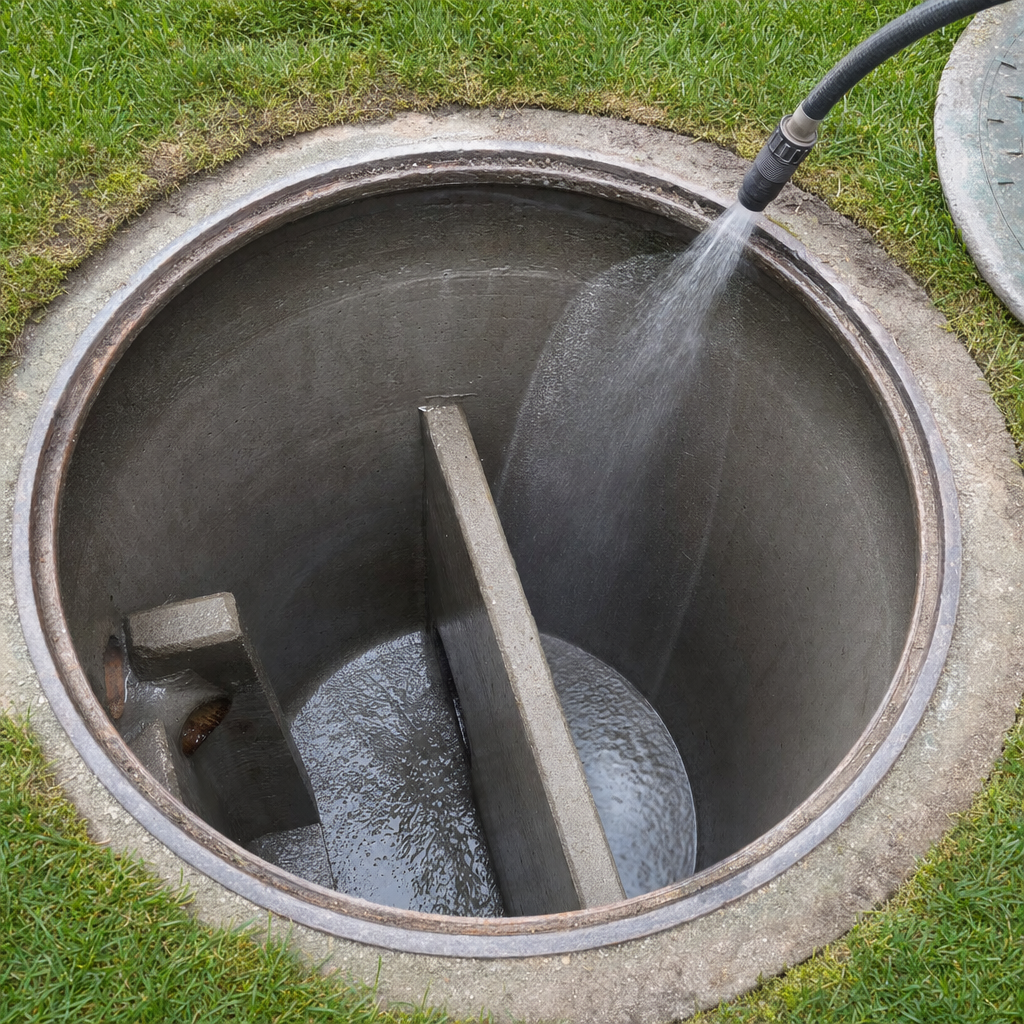 Interior concrete walls of an emptied Phoenix septic tank being rinsed clean with the truck's onboard water hose