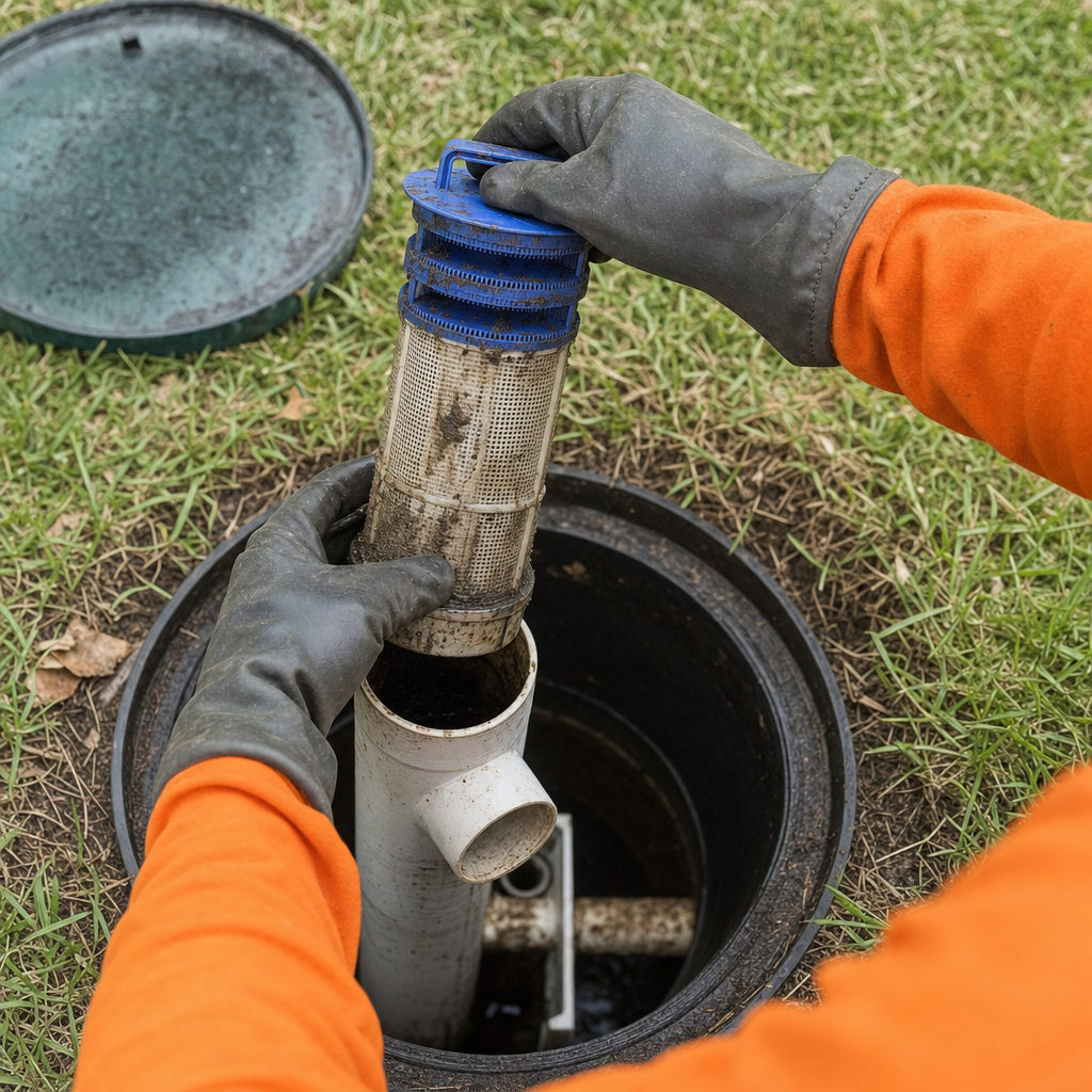 Septic technician's gloved hands lifting the effluent filter cartridge out of the outlet housing on a Phoenix septic tank