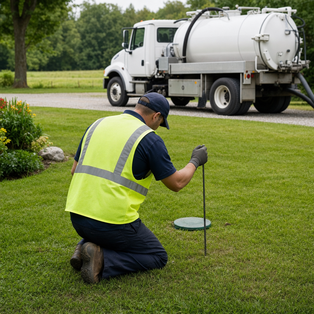 Septic technician kneeling on a Phoenix lawn, probing to locate and measure the depth of a buried septic tank lid before pumping