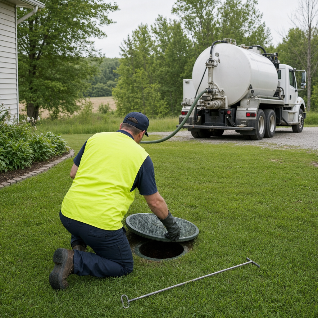 Septic technician kneeling on a Phoenix lawn, lifting the buried access lid on a residential septic tank