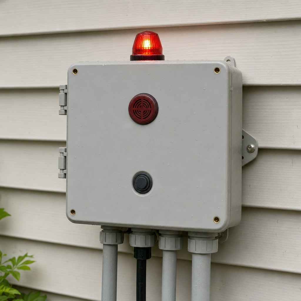 An aerobic septic system control panel mounted outside a Phoenix home with its red high-water alarm light lit