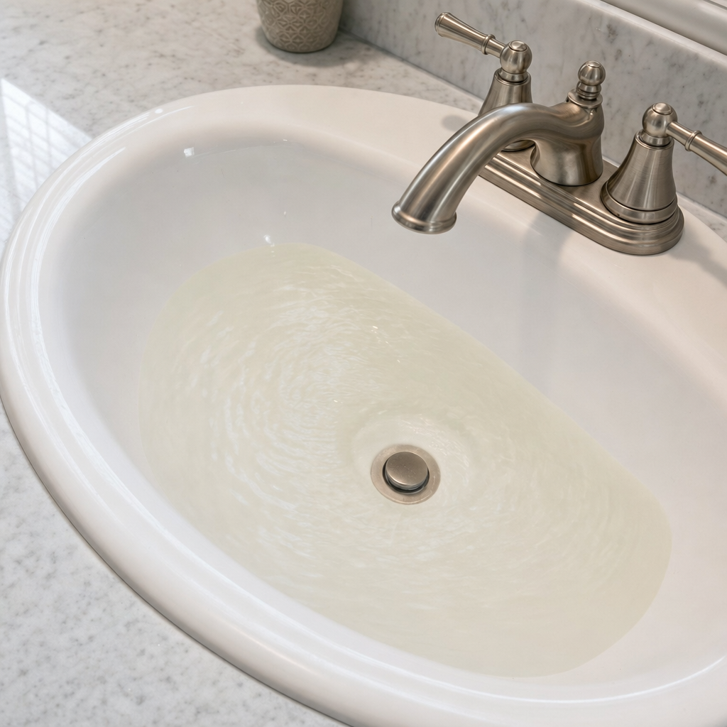 A bathroom sink draining slowly with water pooled in the basin, an early warning sign that a Phoenix septic tank is full